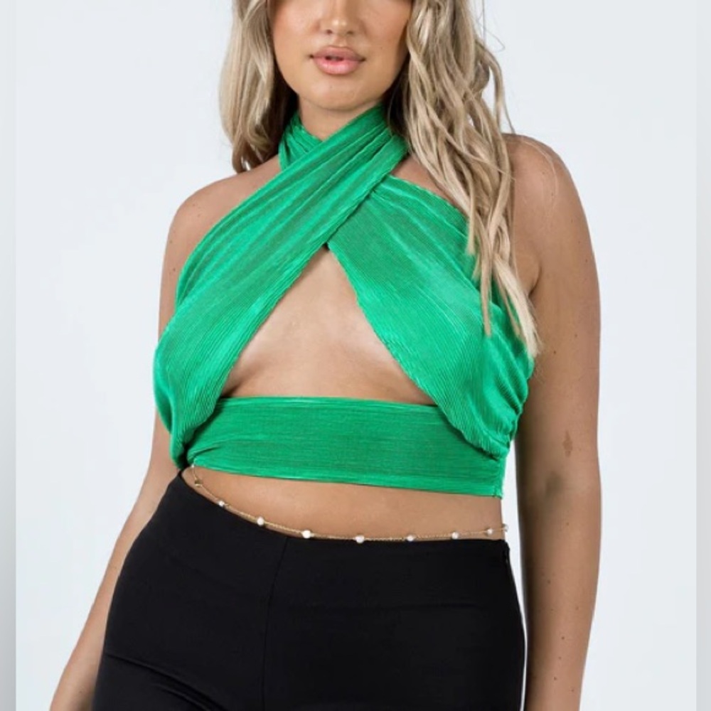 Princess Polly Evalyn Top Green Halter Neck Top